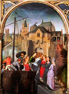 Ursula-Schrein, Côté, champ gauche : l'arrivée les de Sainte Ursula à Cologne à Hans Memling