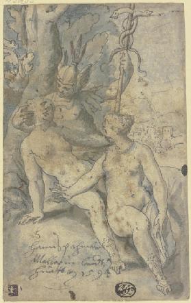 Hermes vor einem Baum sitzend, mit zwei allegorischen Frauengestalten
