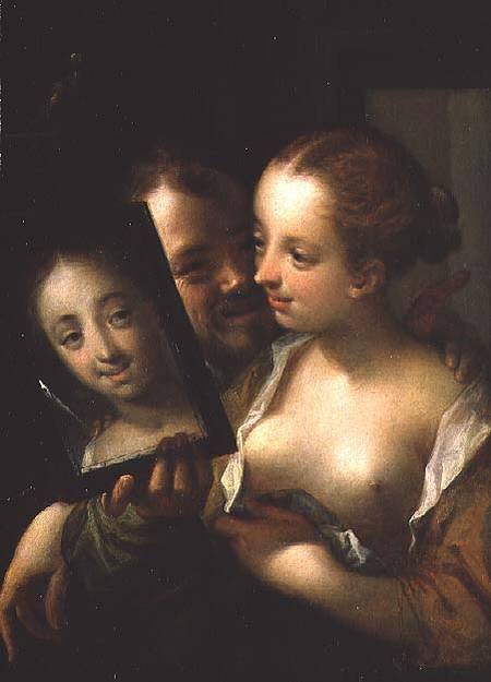 Laughing Couple with a mirror à Hans von Aachen