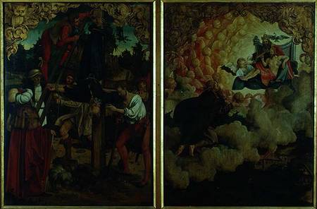 Stories of S.S Peter and Paul altarpiece: detail showing LtoR Crucifixion of St. Peter, St. Paul Asc à Hans von Klumbach