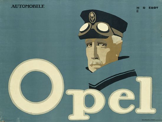German advertisement for 'Opel' brand cars, printed by Hollerbaum & Schmidt, Berlin à Hans Rudi Erdt