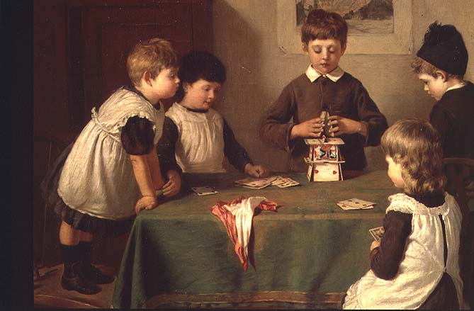 A Critical Moment, detail of children building a house of cards, 1889  à Harry Brooker