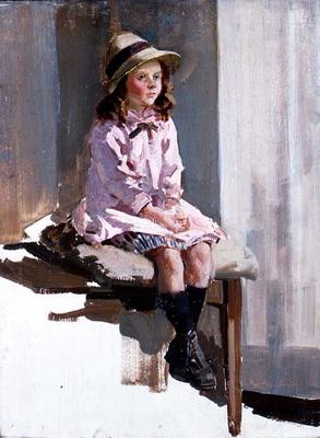 Portrait of a young girl in a pink dress and a straw hat (panel) à Harry Watson