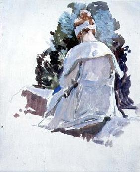 Woman in a white dress sitting upon rocks (oil on paper)