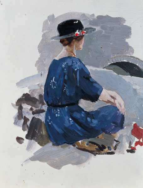Woman in a blue dress and wide brimmed hat sitting upon rocks (oil on paper) à Harry Watson