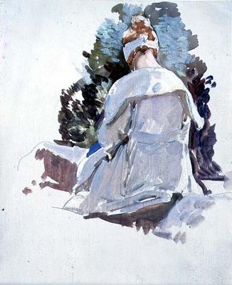 Woman in a white dress sitting upon rocks (oil on paper) à Harry Watson