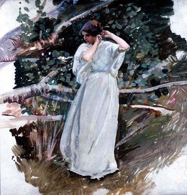 Young woman in a long white dress (panel) à Harry Watson