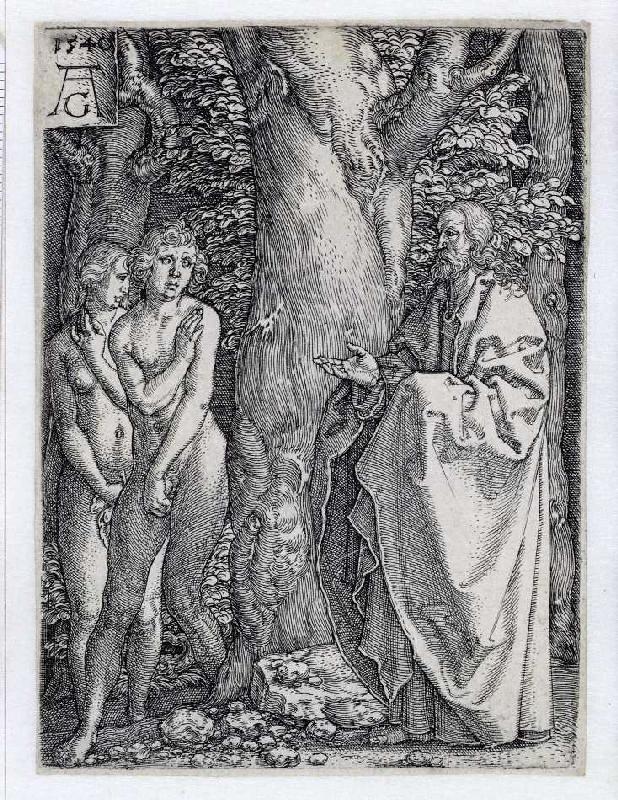 Die Geschichte von Adam und Eva: Adam und Eva bedecken ihre Scham à Heinrich Aldegrever