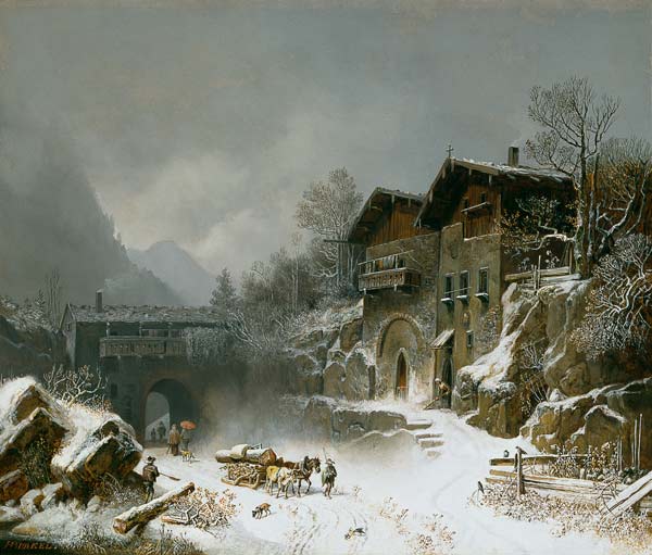 Les maisons de la montagne de rat en hiver à Heinrich Bürkel