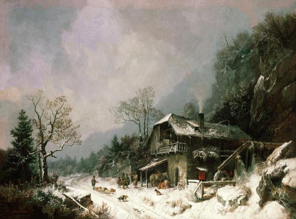 Le paysage d'hiver à un forge à Heinrich Bürkel