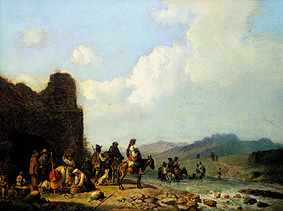 paysage de campagne avec des autochtones devant une ruine à Heinrich Bürkel