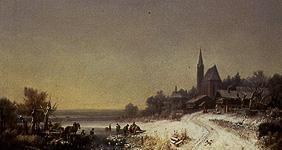 Village hivernales avec l'église à la mer