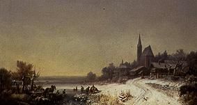 Village hivernales avec l'église à la mer à Heinrich Bürkel