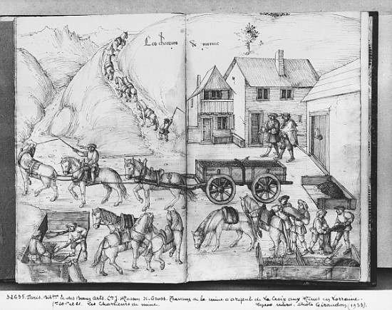 Silver mine of La Croix-aux-Mines, Lorraine, fol.20v and fol.21r, transporting the ore, c.1530 à Heinrich Gross ou Groff