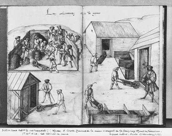 Silver mine of La Croix-aux-Mines, Lorraine, fol.19v and fol.20r, delivering the ore, c.1530 à Heinrich Gross ou Groff