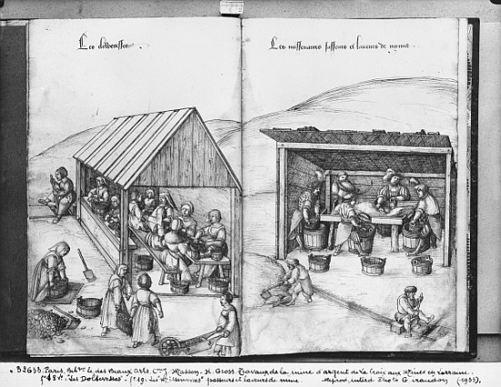 Silver mine of La Croix-aux-Mines, Lorraine, fol.18v and fol.19, sorting out and washing the ore, c. à Heinrich Gross ou Groff
