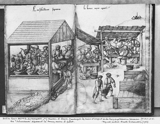 Silver mine of La Croix-aux-Mines, Lorraine, fol.15v and fol.16r, miners sorting the ore out, c.1530 à Heinrich Gross ou Groff