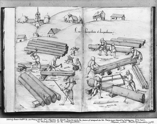 Silver mine of La Croix-aux-Mines, Lorraine, fol.2v and fol.3r, carpenters and carpentry, c.1530 à Heinrich Gross ou Groff
