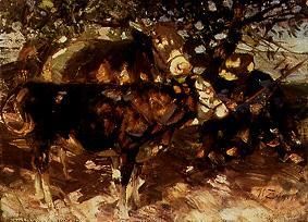 paysan avec des vaches dans l'ombre d'un arbre. à Heinrich von Zügel