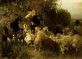 Garçon nourrissant des chèvres et des moutons à Heinrich von Zügel