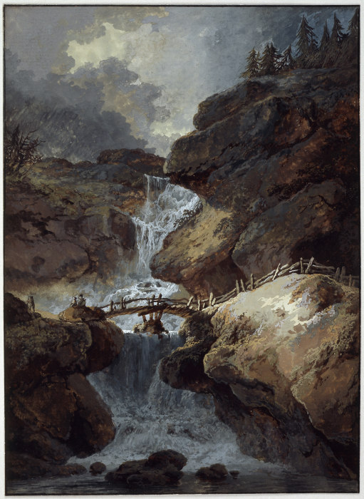 Wasserfall in einer Felsenschlucht bei Gewitterstimmung à Heinrich Wüest