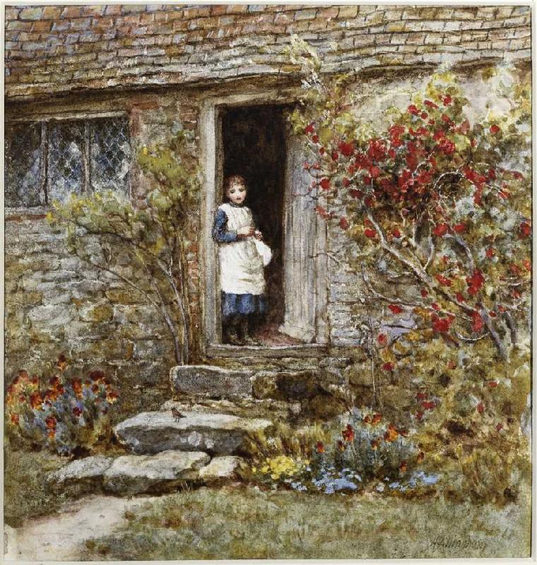 Mädchen in der Tür eines Bauernhauses. à Helen Allingham