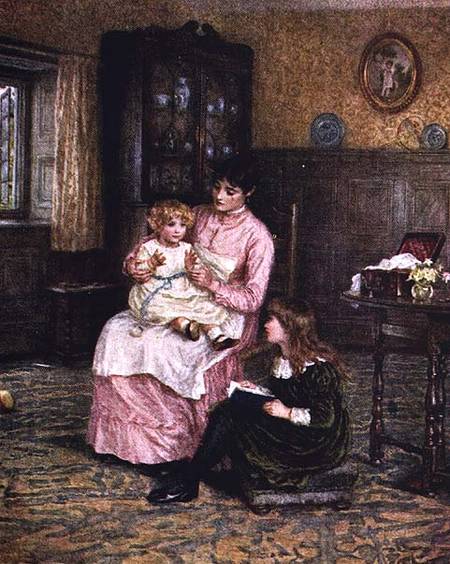 Mother playing with children in an interior à Helen Allingham