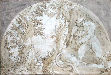 Hercules and the Nemean Lion (pen & ink on paper) à Hendrick Goltzius