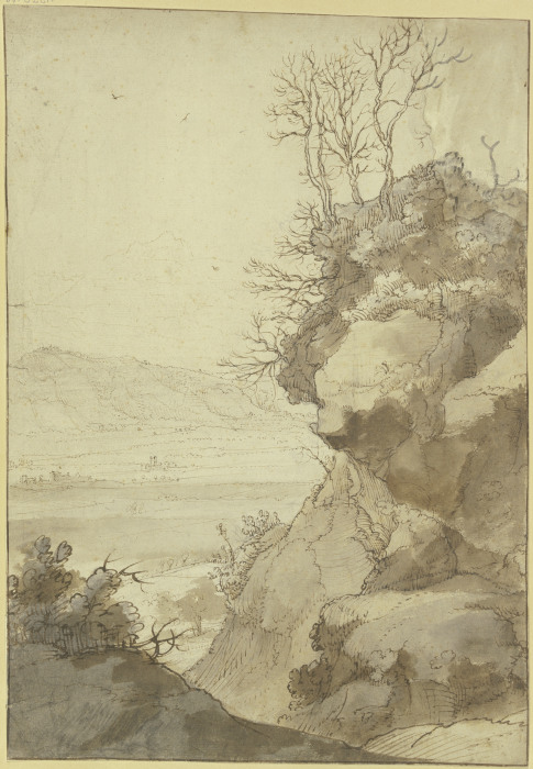 Landschaft, rechts eine große Felspartie mit dürren Bäumen à Hendrick Mommers