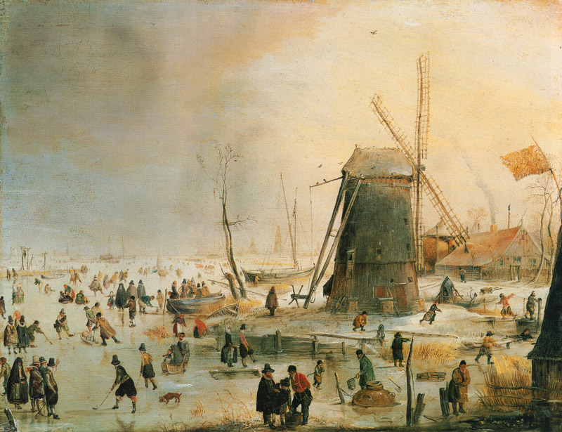 Paysage d'hiver avec des patineurs près d'un moulin à vent à Hendrik Averkamp