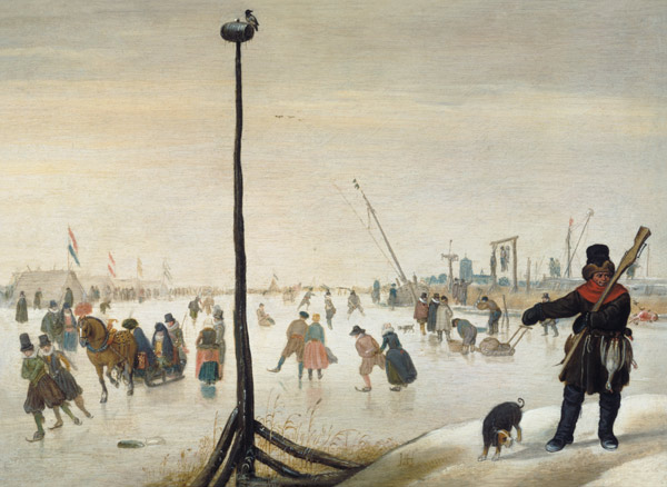 A duck hunter and his dog in a winter landscape (panel) à Hendrik Averkamp