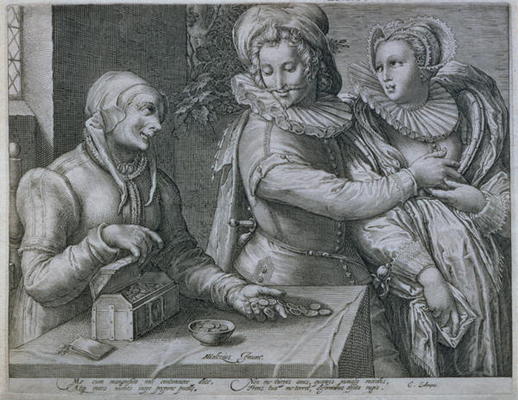 A Young Man Choosing Love of Beauty rather than Riches, engraved by Jacob Matham (1571-1631) (engrav à Hendrik Goltzius