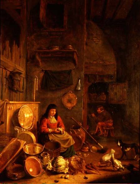 A Kitchen Interior with a Woman Peeling Potatoes beside a Dog, a Man Smoking in front of a Fire beyo à Hendrik Martensz. Sorgh