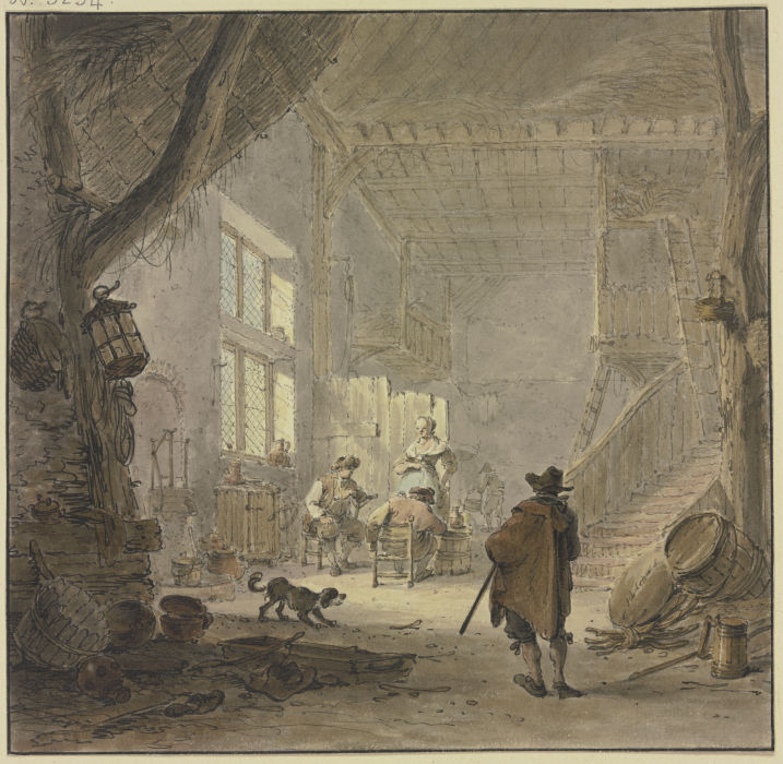 Das Innere eines Hauses, am Fenster zwei Männer und eine Frau, im Vordergrund ein Mann von hinten à Hendrik Meyer