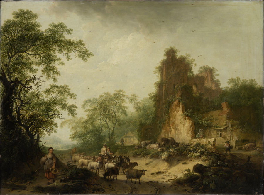 Landscape with Herd of Sheep in Front of a Peasant Hut in a Ruins à Hendrik Meyer