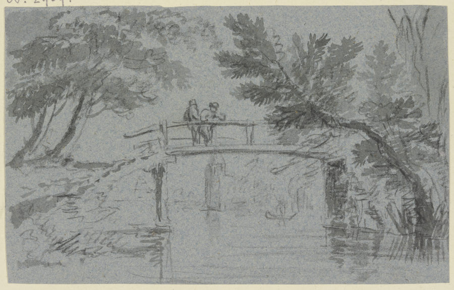 Holzbrücke über einem Kanal, darauf zwei Männer à Hendrik Spilman