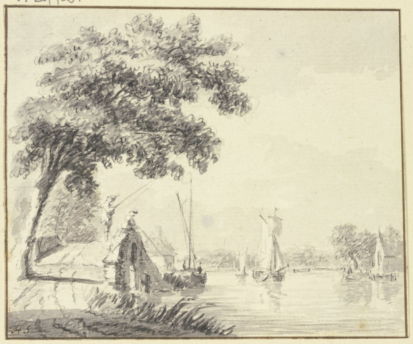 Steinerne Brücke mit zwei Anglern bei einem Fluß à Hendrik Spilman