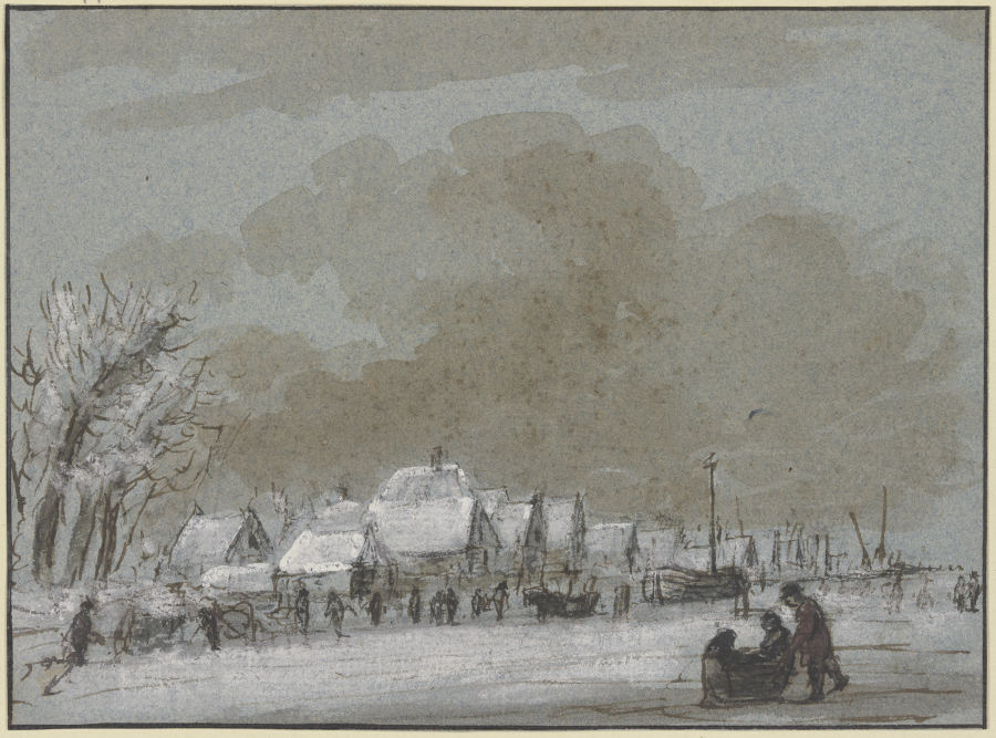Winterlandschaft, links ein Dorf, eingefrorene Schiffe, rechts auf dem Eis zieht ein Mann ein Schlit à Hendrik Spilman