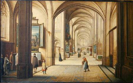 Church interior with a sacristan showing a painting to visitors à Hendrik van Steenwyk