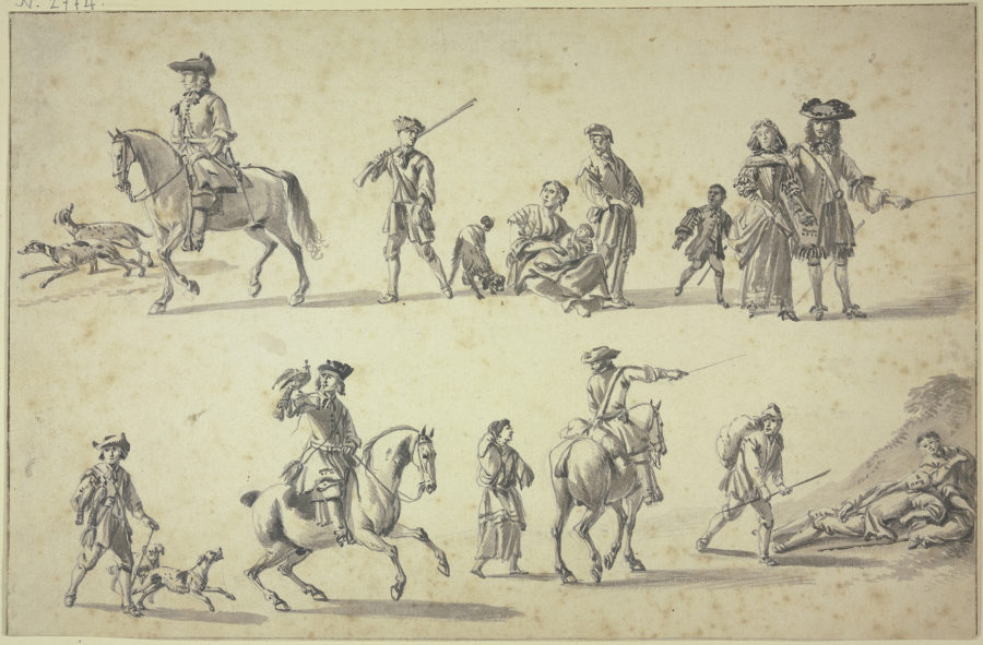 Studienblatt: Figuren zu Pferde und zu Fuße, unten links ein berittener Falkner à Hendrik Verschuring