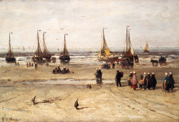 Plage de mer avec des bateaux de pêcheur et le peuple de pêcheurs à Hendrik Willem Mesdag