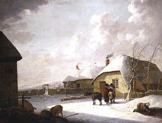 Figures Outside a Cottage in the Snow à Hendrik Willem Schweickardt