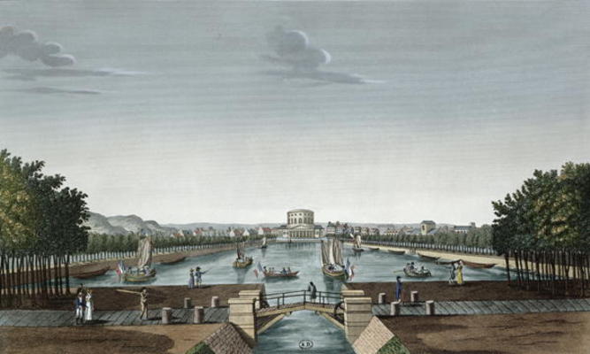 Vief of the Bassin du Canal de l'Ourq a la Villette, c.1815-20 (colour engraving) à Henri Courvoisier-Voisin