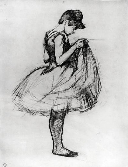 Dancer adjusting her costume and hitching up her skirt à Henri de Toulouse-Lautrec