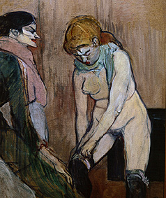 Jeune femme en le resserrement de la chaussette. à Henri de Toulouse-Lautrec