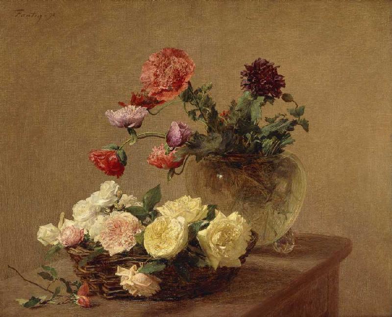 Fleurs dans le vase en verre et le panier avec des roses à Henri Fantin-Latour