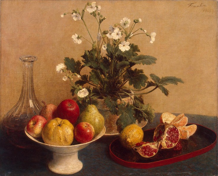 Flowers, Dish with Fruit and Carafe à Henri Fantin-Latour