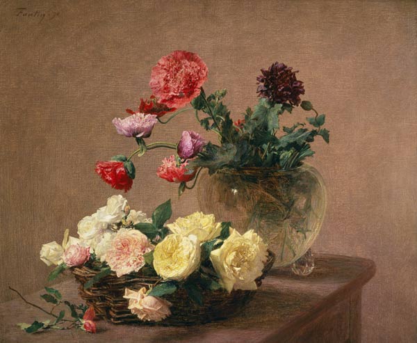 Poppies in a Crystal Vase, or Basket of Roses à Henri Fantin-Latour