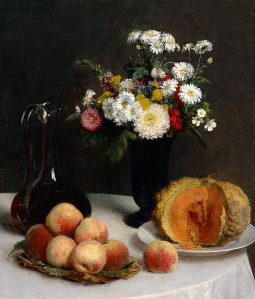Still Life with Decanter, Flowers and Fruits à Henri Fantin-Latour