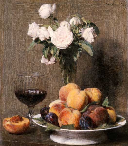 Stillleben mit Rosen, Früchten und einem Weingls à Henri Fantin-Latour